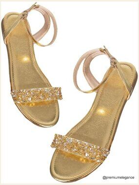 Metallic Sparkly Flat Sandals Ankle Strap Open Toe Bridal Wedding Dressy Summer
